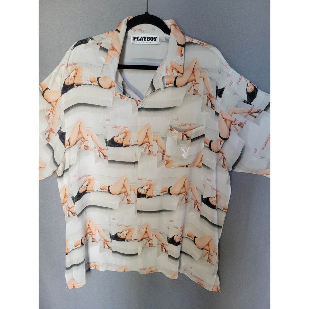 Playboy Pacsun Shirt Mens Large White Camp The Sanctuary Of Pleasure Model Print